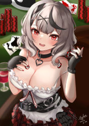 Rule 34 | 1girl, absurdres, belt, black belt, black collar, black gloves, black hair, breasts, camisole, card, cleavage, collar, collarbone, cup, dated, drinking glass, fang, fingerless gloves, food, frills, gloves, grey hair, heart pendant, highres, holding, hololive, hydraexp, large breasts, looking at viewer, medium hair, multicolored hair, nail polish, open mouth, plaid, plaid skirt, playing card, poker chip, poker table, red eyes, red nails, red skirt, sakamata chloe, signature, skirt, solo, steak, strap slip, stuffed orca, table, two-tone hair, virtual youtuber, white camisole, wine glass