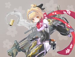 Rule 34 | 10s, 1girl, android, blonde hair, breasts, casing ejection, gradient background, gun, gunslinger stratos, hairband, highres, huge weapon, joints, kunai, orange eyes, robot ears, robot joints, scarf, shell casing, short hair, short ponytail, shuriken, small breasts, smoke, solo, weapon, xi-988, yeti (mu kaiten)