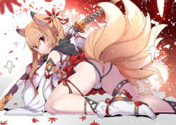 Rule 34 | 1girl, all fours, animal ears, ass, detached sleeves, fox ears, fox tail, japanese clothes, katana, looking back, miko, multiple tails, original, red eyes, sketch, socks, sword, tail, tajima ryuushi, weapon