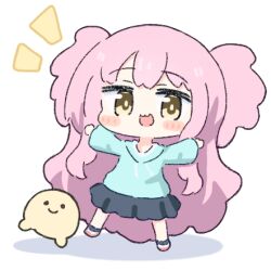 Rule 34 | 1girl, black skirt, black socks, blush stickers, chibi, commentary, drawstring, full body, hood, hoodie, long hair, long sleeves, looking at viewer, lowres, nagase miyako, no nose, onii-chan wa oshimai!, open mouth, outstretched arms, pink footwear, pink hair, skirt, smile, socks, standing, standing on one leg, umihio, very long hair, yellow eyes