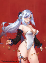 Rule 34 | 1girl, bare shoulders, blue eyes, breasts, commentary, cowboy shot, detached sleeves, flower, genshin impact, grin, hair flower, hair ornament, highres, juliet sleeves, large breasts, leotard, long hair, long sleeves, looking at viewer, low-tied long hair, puffy sleeves, red background, shenhe (genshin impact), smile, solo, standing, strapless, strapless leotard, thighlet, thighs, tomatolacoon, very long hair, white flower, white hair, white leotard