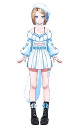 Rule 34 | 1girl, amopui, belt, beret, black footwear, blue belt, blue camisole, blue eyes, blue hair, boots, brown hair, camisole, colored inner hair, hair ornament, hairclip, hat, highres, indie virtual youtuber, jewelry, multicolored hair, off-shoulder sweater, off shoulder, official art, open hands, ring, shirasuzu raco, skirt, smile, solo, sweater, virtual youtuber, white background, white hat, white skirt, white sweater