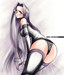 Rule 34 | 00s, 1girl, all fours, ass, black panties, detached sleeves, dress, fate/stay night, fate (series), glasses, grey eyes, long hair, medusa (fate), medusa (rider) (fate), mike156, no pants, panties, pantyshot, short dress, silver hair, solo, square pupils, standing, striped clothes, striped panties, thighhighs, underwear, very long hair, white thighhighs
