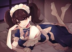 Rule 34 | 1girl, black dress, bow, breasts, brown eyes, cleavage, dress, emi star, feet, hair behind ear, highres, kawakami sadayo, looking at viewer, lying, maid, maid headdress, medium breasts, no shoes, off shoulder, on stomach, pantyhose, persona, persona 5, soles, solo, the pose, twintails, white bow, white pantyhose, window