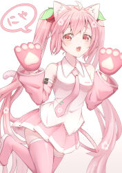 Rule 34 | 1girl, absurdres, ahoge, animal ears, animal hands, ayayayume, blush, boots, cat ears, cherry blossom print, cherry hair ornament, commentary, cowboy shot, detached sleeves, fang, floral print, food-themed hair ornament, furrowed brow, gloves, hair ornament, hands up, hatsune miku, highres, kemonomimi mode, leg up, long hair, looking at viewer, miniskirt, necktie, nyan, open mouth, paw gloves, pink eyes, pink hair, pink necktie, pink skirt, pink sleeves, pink theme, pink thighhighs, pleated skirt, sakura miku, shirt, skin fang, skirt, sleeveless, sleeveless shirt, solo, speech bubble, thigh boots, thighhighs, translated, twintails, twitter username, very long hair, vocaloid, white background
