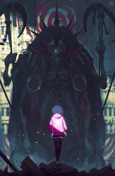 Rule 34 | 1girl, absurdres, back, black shorts, black thighhighs, blue hair, building, chain-link fence, day, deadslug, extra arms, fence, full body, hands in pockets, highres, hood, hoodie, long sleeves, mask, monster, ofuda, original, outdoors, pink footwear, pink hoodie, polearm, quadruple wielding, rope, rubble, shoes, short hair, short shorts, shorts, sickle, skeleton, spikes, standing, star (symbol), star print, thighhighs, weapon, zettai ryouiki