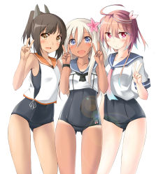 Rule 34 | 10s, 3girls, ahoge, blonde hair, blue eyes, blush, brown eyes, brown hair, double v, flower, girl sandwich, hair flower, hair ornament, highres, i-401 (kancolle), i-58 (kancolle), kaminagi (kaminagi-tei), kantai collection, long hair, looking at viewer, multiple girls, one-piece swimsuit, open mouth, pink hair, ponytail, red eyes, ro-500 (kancolle), sailor collar, sandwiched, school swimsuit, school uniform, serafuku, short hair, simple background, smile, swimsuit, swimsuit under clothes, tan, tanline, v, white background