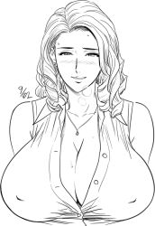 Rule 34 | 1girl, blush, breasts, cleavage, curly hair, covered erect nipples, female focus, gigantic breasts, greyscale, grin, highres, huffing, jewelry, long hair, looking at viewer, mature female, mishima yumi, monochrome, necklace, ootake nami, simple background, smile, solo, sweat, tatsunami youtoku, twin milf, unbuttoned, unbuttoned shirt, upper body, white background