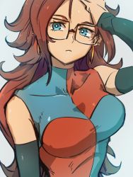 Rule 34 | 1girl, android 21, blue background, blue eyes, breasts, checkered clothes, checkered dress, dragon ball, dragon ball fighterz, dress, earrings, glasses, hoop earrings, jewelry, kemachiku, large breasts, long hair, looking at viewer, red hair, simple background, solo