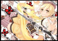 Rule 34 | 10s, 1girl, bad id, bad pixiv id, beret, blonde hair, blush, body blush, boots, border, brown thighhighs, bug, butterfly, checkered background, checkered floor, detached sleeves, drill hair, dutch angle, floor, gun, hair ornament, hairpin, hat, insect, leaning forward, looking at viewer, looking back, magical girl, magical musket, mahou shoujo madoka magica, mahou shoujo madoka magica (anime), outstretched arm, outstretched hand, pleated skirt, puffy sleeves, ribbon, rifle, short hair, skirt, solo, sparkle, standing, striped clothes, striped thighhighs, takuan (takuan0907), thighhighs, tomoe mami, twin drills, twintails, vertical-striped clothes, vertical-striped thighhighs, weapon, yellow eyes, zettai ryouiki