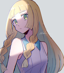 Rule 34 | 1girl, bare arms, blonde hair, blurry, braid, collared dress, creatures (company), dress, eyelashes, game freak, green eyes, grey background, highres, lillie (pokemon), long hair, looking at viewer, nintendo, pokemon, pokemon sm, signature, sleeveless, sleeveless dress, solo, tere asahi, twin braids, upper body, white dress