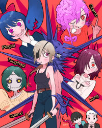 Rule 34 | 2boys, 5girls, adashinosekka, belt, black eyes, black hair, black necktie, black sclera, black tank top, blush, bow, breasts, brown belt, chainsaw man, character name, cigarette, cleavage, closed mouth, collared shirt, colored sclera, cosmo (chainsaw man), crossbow devil (chainsaw man), cuffs, dangling eye, dual wielding, ear piercing, exposed brain, eyepatch, facial scar, futakuchi-onna, green hair, hair bow, hair over one eye, handcuffs, heart, heart-shaped pupils, highres, holding, holding sword, holding weapon, horns, index finger raised, kishibe (chainsaw man), laughing, light brown hair, long (chainsaw man), mole, mole under mouth, multiple boys, multiple girls, necktie, octopus devil (chainsaw man), open mouth, piercing, pingtsi (chainsaw man), pink hair, ponytail, purple eyes, quanxi (chainsaw man), red bow, red eyes, red horns, scar, scar on cheek, scar on face, shirt, sleeves past fingers, sleeves past wrists, smile, stitched face, stitched mouth, stitches, sweater, sword, symbol-shaped pupils, tank top, tsugihagi (chainsaw man), weapon, white hair, yellow eyes, yoshida hirofumi