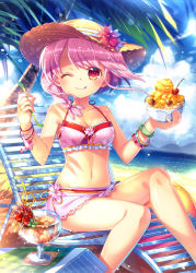 Rule 34 | 1girl, ;q, bangle, beach, beach chair, bikini, blush, bowl, bracelet, braid, breasts, capura lin, cherry, collarbone, drink, drinking straw, flower, food, fruit, glass, hat, highres, holding, holding spoon, ice cream, jewelry, looking at viewer, navel, one eye closed, original, outdoors, palm tree, pink bikini, pink eyes, pink hair, silhouette, sitting, small breasts, solo, sparkle, spoon, sun hat, swimsuit, tongue, tongue out, tree, water, wind