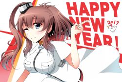 Rule 34 | 10s, 1girl, anchor, ascot, belt, bird, blue eyes, breast pocket, brown hair, chicken, day, dress, happy new year, impossible clothes, index finger raised, kantai collection, long hair, looking at viewer, neckerchief, new year, one eye closed, pocket, ponytail, red ascot, red neckerchief, saratoga (kancolle), side ponytail, solo, tigla, white dress