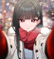 Rule 34 | 1girl, :o, alternate costume, black hair, blue archive, blue sweater, blurry, blurry background, bokeh, breath, bright pupils, casual, coat, depth of field, duffel coat, foreshortening, fur-trimmed coat, fur trim, halo, looking at viewer, meme, mijikayo, outdoors, pov cheek warming (meme), reaching, reaching towards viewer, red eyes, red scarf, rio (blue archive), scarf, single sidelock, solo, sweater, upper body, white pupils