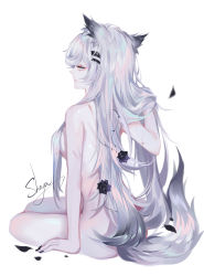 Rule 34 | 1girl, absurdres, animal ears, arknights, artist name, black flower, black nails, black rose, breasts, censored, chinese commentary, commentary request, flower, from behind, grey eyes, hair censor, hair ornament, hairclip, hand in own hair, highres, lappland (arknights), long hair, looking back, medium breasts, nail polish, censored nipples, nude, petals, profile, rose, sheya, signature, silver hair, simple background, sitting, solo, tail, thighs, very long hair, white background, wolf ears, wolf tail