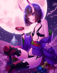 Rule 34 | 1girl, alcohol, bad id, bad pixiv id, bare shoulders, blush, breasts, cherry blossoms, choker, cup, fang, fate/grand order, fate (series), highres, horns, japanese clothes, kimono, kuro futoshi, looking at viewer, midriff, moon, off shoulder, oni, open mouth, pale skin, petals, purple eyes, purple hair, revealing clothes, sakazuki, sake, short hair, shuten douji (fate), sitting, small breasts, smile, solo, thighhighs