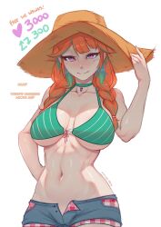 Rule 34 | 1girl, absurdres, bikini, braid, breasts, choker, denim, denim shorts, earrings, feather earrings, feathers, green bikini, green choker, hat, highres, hololive, hololive english, jewelry, large breasts, looking at viewer, meme, multicolored hair, myth1carts, navel, official alternate costume, open clothes, open fly, open shorts, orange hair, purple eyes, short shorts, shorts, simple background, solo, straw hat, swimsuit, takanashi kiara, takanashi kiara (casual), twin braids, twitter strip game (meme), virtual youtuber, white background
