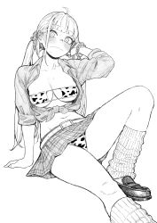 Rule 34 | 1girl, absurdres, animal print, belt, bikini, blunt bangs, blush, breasts, cleavage, cow print, greyscale, haioku colonel, highres, loafers, looking at viewer, loose socks, midriff, monochrome, navel, original, school uniform, scrunchie, shoes, sitting, skirt, socks, solo, sweat, swimsuit, twintails