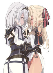 Rule 34 | 2girls, ass, bare shoulders, black gloves, blade (galaxist), blonde hair, blue eyes, blush, bow, braid, breasts, clothing cutout, commentary request, dark-skinned female, dark skin, dress, elf, eye contact, fingerless gloves, gloves, hair between eyes, headpiece, hololive, long hair, looking at another, medium breasts, multiple girls, parted lips, pointy ears, ponytail, profile, puffy short sleeves, puffy sleeves, red bow, red eyes, shiranui flare, shiranui flare (old design), shirogane noel, shirogane noel (1st costume), short sleeves, shoulder cutout, silver hair, simple background, small breasts, vambraces, very long hair, virtual youtuber, white background, white dress, yuri