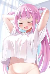 Rule 34 | 1girl, ahoge, arms behind head, arms up, blue hair, blunt bangs, blush, braid, breasts, closed eyes, cocozasa, colored inner hair, commentary, groin, highres, hololive, indoors, large breasts, long hair, minato aqua, multicolored hair, naked shirt, navel, open mouth, pink hair, shirt, short sleeves, sidelocks, solo, stomach, streaked hair, symbol-only commentary, tears, two side up, upper body, virtual youtuber, waking up, white shirt, yawning