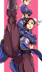 Rule 34 | 1girl, ass, axe kick, blue dress, boots, bracelet, breasts, brown eyes, brown hair, brown pantyhose, bun cover, capcom, china dress, chinese clothes, chun-li, clothes lift, commentary request, double bun, dress, dress lift, earrings, flexible, gold trim, hair bun, jewelry, kamisimo 90, medium breasts, multiple views, pantyhose, pelvic curtain, puffy sleeves, sash, short sleeves, smile, spiked bracelet, spikes, split, standing, standing on one leg, standing split, street fighter, thighs