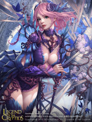 Rule 34 | 1girl, artist name, artstation username, blue eyes, breasts, bug, butterfly, cglange, choker, cleavage, copyright name, cowboy shot, dated, dress, eyelashes, fingernails, flower, hair ornament, headwear request, highres, holding, holding wand, bug, juliet sleeves, large breasts, legend of the cryptids, lips, lipstick, long fingernails, long sleeves, looking at viewer, makeup, medium breasts, nose, original, parted lips, pink hair, pink lips, pink lips, puffy sleeves, purple dress, solo, standing, thighhighs, thorns, wand, watermark, web address