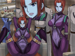 Rule 34 | 10s, ahoge, angry, arms behind back, arms behind head, arms up, blue eyes, blue skin, blush, bodysuit, breasts, clenched teeth, colored skin, eyebrows, gamilas, kameneji, lips, looking at viewer, melda deitz, parted lips, pilot suit, red hair, shiny clothes, short hair, sitting, skin tight, solo focus, spread legs, standing, sweat, syringe, teeth, uchuu senkan yamato, uchuu senkan yamato 2199, uniform