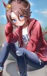 Rule 34 | 1girl, absurdres, animal ears, beret, black hat, blouse, blue eyes, blue pants, blue sky, brown hair, clothes writing, cloud, day, denim, hair between eyes, hat, highres, horse ears, horse girl, horse tail, jacket, jeans, long sleeves, looking at viewer, narita taishin (umamusume), ningen mame, open clothes, open jacket, outdoors, pants, red jacket, shirt, short hair, sitting, sky, solo, tail, torn clothes, torn pants, umamusume, white shirt