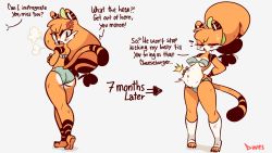 Rule 34 | alternate hairstyle, anger vein, angry, animal ears, ass, bare shoulders, before and after, blush, bra, breasts, cowlick, crossed arms, diives, english text, furry, furry female, hand on own stomach, highres, impregnation, leaf, leaf on head, leg warmers, medium breasts, navel, panties, personification, ponytail, pregnant, simple background, sweatdrop, tail, thighhighs, tiger, tiger ears, tiger stripes, tiger tail, timeskip, tsundere, underwear, xingzuo temple