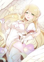 Rule 34 | 1girl, blonde hair, dress, feathered wings, female focus, fire emblem, fire emblem: path of radiance, fire emblem: radiant dawn, green eyes, highres, leanne (fire emblem), long hair, long sleeves, nakabayashi zun, nintendo, open mouth, solo, white dress, white wings, wings