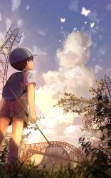 Rule 34 | 1boy, backpack, bad id, bad pixiv id, bag, bridge, cloud, cocolo (co co lo), full body, hat, highres, looking up, male focus, original, shorts, sky, solo, summer