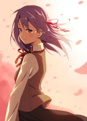 Rule 34 | 1girl, blush, breasts, cherry blossoms, commentary request, fate/stay night, fate (series), hair ribbon, homurahara academy school uniform, kinta (distortion), long hair, matou sakura, petals, profile, purple eyes, ribbon, school uniform, skirt, small breasts, smile, solo, wind