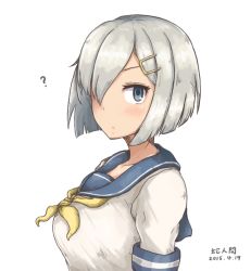 Rule 34 | 10s, 1girl, ?, bad id, bad pixiv id, blue eyes, blush, breasts, dated, female focus, hair ornament, hair over one eye, hairclip, hamakaze (kancolle), kaeru otoko, kantai collection, large breasts, looking at viewer, neckerchief, sailor collar, school uniform, serafuku, short hair, silver hair, simple background, solo, upper body, white background, yellow neckerchief
