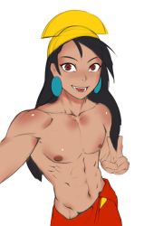 Rule 34 | 1boy, abs, androgynous, black hair, disney, earrings, headress, jewelry, kuzco, lautaro, long hair, nipples, pectorals, the emperor&#039;s new groove, topless