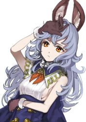 Rule 34 | 10s, 1girl, animal ears, blue hair, breasts, brown gloves, emokakimasu, erune, ferry (granblue fantasy), frown, gloves, granblue fantasy, long hair, sideboob, simple background, small breasts, solo, upper body, white background, yellow eyes