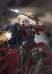 Rule 34 | 1girl, absurdres, adepta sororitas, armor, black gloves, bolt pistol, bolter, breastplate, breasts, capelet, commentary, dual wielding, english commentary, facial tattoo, firing, foreshortening, full armor, gloves, gun, highres, holding, holding gun, holding sword, holding weapon, lips, lyna deathshaow, medium breasts, muzzle flash, nose, pauldrons, power armor, purity seal, red capelet, red lips, sash, short hair, shoulder armor, solo, sword, tattoo, torn capelet, torn clothes, warhammer 40k, weapon, white hair