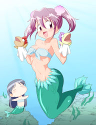 Rule 34 | 00s, 2girls, :d, asou natsumi, bad id, bad pixiv id, bandeau, breasts, chibi, crossover, fins, fish tail, front-tie top, hand puppet, hii-chan, ichigaso (muhyou joudai), kajiwara sora, large breasts, mermaid, midriff, monster girl, multiple girls, namiuchigiwa no muromi-san, open mouth, pink eyes, pink hair, puppet, scales, seashell, shell, sketchbook full colors, skindentation, smile, tail, twintails
