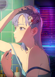 Rule 34 | 1girl, adjusting hair, bare shoulders, blue tank top, breasts, cable, cyborg, from side, highres, holding, holding cable, long hair, mebae, mechanical parts, nail polish, no bra, off shoulder, original, purple eyes, purple hair, small breasts, solo, tank top, tile wall, tiles, upper body, window