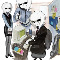 Rule 34 | at computer, black eyes, black vest, chair, collared shirt, corded phone, grintasia, highres, mole, mole under eye, necktie, non-web source, office, office chair, office lady, original, pantyhose, phone, shirt, swivel chair, vest, white hair, worried