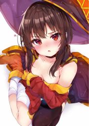 Rule 34 | 1girl, absurdres, bandaged leg, bandages, bare shoulders, black collar, black thighhighs, blush, breasts, brown footwear, brown hair, cape, unworn cape, collar, collarbone, commentary request, dress, from above, hat, highres, kono subarashii sekai ni shukufuku wo!, looking at viewer, megumin, open mouth, red dress, red eyes, rouka (akatyann), short hair, single thighhigh, small breasts, solo, tearing up, thighhighs, witch hat