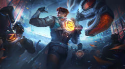Rule 34 | 6+boys, absurdres, aizukie, armor, ass, black bodysuit, black gloves, blue eyes, bodysuit, brown hair, confetti, cowboy shot, fingerless gloves, from behind, gloves, glowing, grin, hammer, highres, holding, holding hammer, jayce (league of legends), league of legends, light rays, looking at viewer, looking back, male focus, multiple boys, official art, open mouth, outdoors, pointing, pointing at self, ponytail, power armor, second-party source, short hair, shoulder armor, smile, solo focus, stadium, teeth, weapon, zenith games jayce