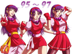 Rule 34 | 1girl, ;), asamiya athena, bare legs, belt, breasts, clenched hand, clenched hands, dress, earrings, hair ornament, hairband, hand on own hip, jewelry, king of fighters 96, king of fighters 97, long hair, medium breasts, multiple views, narrow waist, necklace, nikuji-kun, one eye closed, pants, pantyhose, purple eyes, purple hair, red hairband, sash, short dress, skirt, smile, snk, star (symbol), star hair ornament, taut clothes, the king of fighters, the king of fighters &#039;95, the king of fighters &#039;96, the king of fighters &#039;97, transformation, v, v over eye, vest, wink