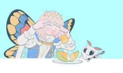 Rule 34 | 1boy, aqua background, blanca (fate), blue cloak, bug, butterfly, butterfly wings, cantaloupe, cloak, closed eyes, concentrating, crown, diamond hairband, fate/grand order, fate (series), fingers to head, floating, food, fruit, fur-trimmed cloak, fur trim, grey hair, holding, holding spoon, insect, insect wings, levitation, long sleeves, male focus, man levitating pizza (meme), medium hair, melon, melon slice, meme, moth, oberon (fate), oneroom-disco, open mouth, plate, shirt, simple background, spoon, telekinesis, upper body, white shirt, wings