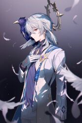 Rule 34 | 1boy, 32 oogawa, animal, animal ears, animal on shoulder, bird, blue bird, commentary, cowboy shot, english commentary, gloves, gradient background, grey background, grey hair, halo, hand on own chest, head wings, high collar, highres, honkai: star rail, honkai (series), jacket, looking at viewer, male focus, pants, purple shirt, red eyes, shirt, short hair, solo, sunday (honkai: star rail), white gloves, white jacket, white pants, wings