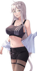 Rule 34 | 1girl, absurdres, ahoge, animal ears, black bra, black nails, black shorts, blush, bra, breasts, brown pantyhose, cleavage, collarbone, commentary, cowboy shot, ear piercing, fang, fingernails, grey eyes, grey hair, hair between eyes, highres, hololive, large breasts, leeshin0919, lion ears, lion girl, lion tail, long hair, looking at viewer, nail polish, navel, o-ring, off shoulder, official alternate costume, open clothes, open mouth, open shirt, pantyhose, pantyhose under shorts, piercing, sharp fingernails, shirt, shishiro botan, shishiro botan (button-down), short shorts, shorts, sidelocks, simple background, smile, solo, sports bra, standing, stomach, straight hair, tail, thigh strap, underwear, virtual youtuber, white background, white shirt