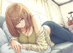 Rule 34 | 1girl, :o, aramachi, bag, breasts, brown hair, camisole, cleavage, coat rack, collarbone, couch, curtains, denim, glasses, green camisole, green shirt, handbag, high heels, highres, indoors, jeans, long hair, long sleeves, lying, medium breasts, on couch, on stomach, one eye closed, open mouth, original, pants, pumps, purple eyes, ribbed camisole, shirt, shirt slip, solo, white footwear, wristband