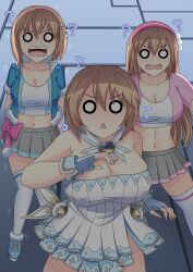 Rule 34 | 3girls, ?, absurdres, alternate breast size, alternate costume, arms behind back, blanc (neptunia), blue eyes, breasts, brown hair, confused, covered erect nipples, fingerless gloves, gloves, hairband, highres, jacket, large breasts, long hair, looking at viewer, midriff, multiple girls, navel, neptune (series), o o, open clothes, open jacket, open mouth, ram (neptunia), rom (neptunia), shadow, shirt, short hair, siblings, sisters, skirt, surprised, white eyes