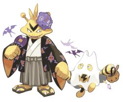 Rule 34 | black jacket, candy, candy wrapper, character mask, character print, claws, clothed pokemon, commentary, creatures (company), dizdoodz, electabuzz, elekid, english commentary, fangs, game freak, gen 1 pokemon, gen 2 pokemon, gen 4 pokemon, grey hakama, hakama, halloween, halloween bucket, highres, holding, holding hands, jacket, japanese clothes, kimono, koffing, long sleeves, looking down, mask, mask on head, nintendo, open clothes, open jacket, pokemon, pokemon (creature), rotom, rotom (normal), sandals, standing, white background, white kimono, wrapped candy, zouri, zubat