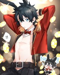Rule 34 | !, !!, 1boy, alternate costume, animal ears, belt, black hair, blue eyes, bow, bowtie, chibi, chibi inset, detached collar, english text, epaulettes, fake animal ears, fate/grand order, fate (series), fujimaru ritsuka (male), haisato (ddclown14), jacket, looking at viewer, male focus, male playboy bunny, meme attire, poker chip, rabbit ears, red bow, red bowtie, red jacket, reverse bunnysuit, reverse outfit, signature, solo, spoken exclamation mark
